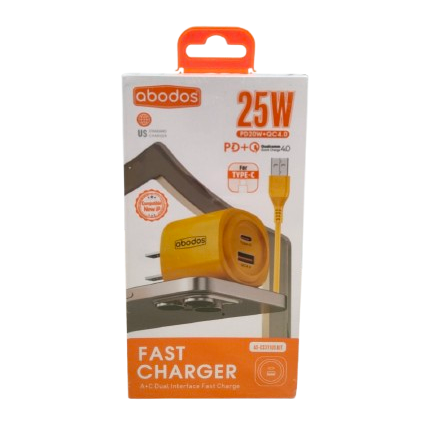 Abodos AS-CS311 25W PD20W Plus QC4 Dual Port Adaptor with Type-C Cable Kit Yellow