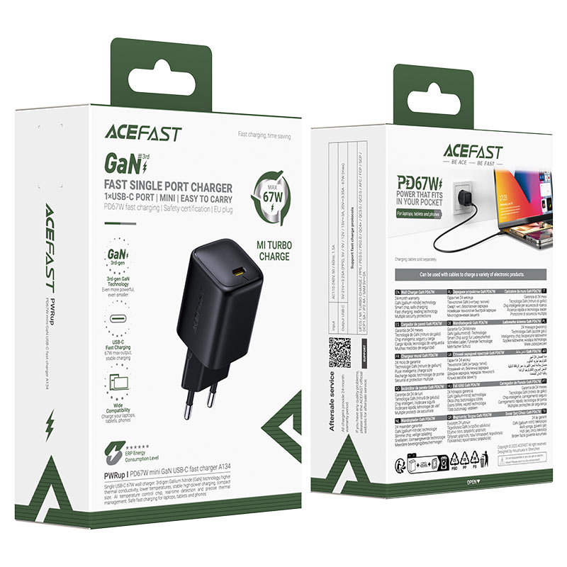 Acefast A134 PD67W Mini GaN USB-C Fast Charger Black