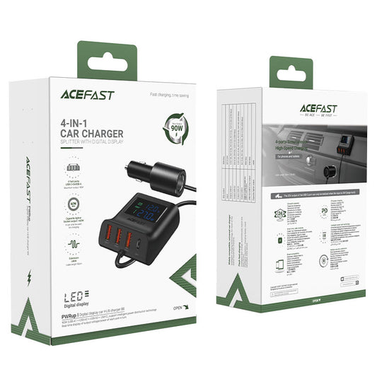Acefast B8 90W 4 Port Car Hub with Digital Display Black