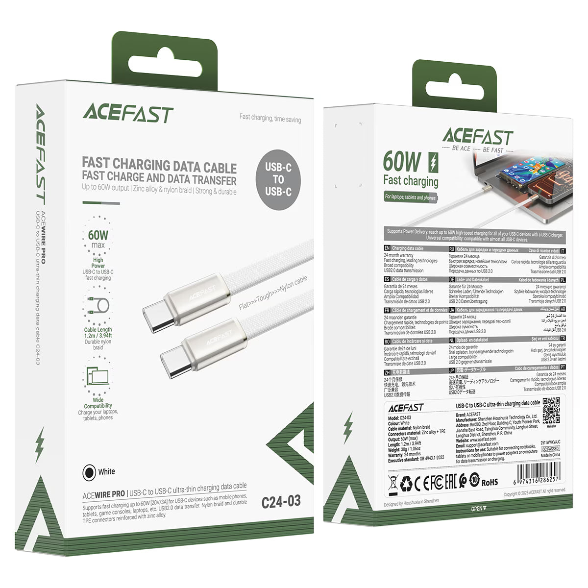 Acefast C24-03 USB-C to USB-C Cable (1.2M) White