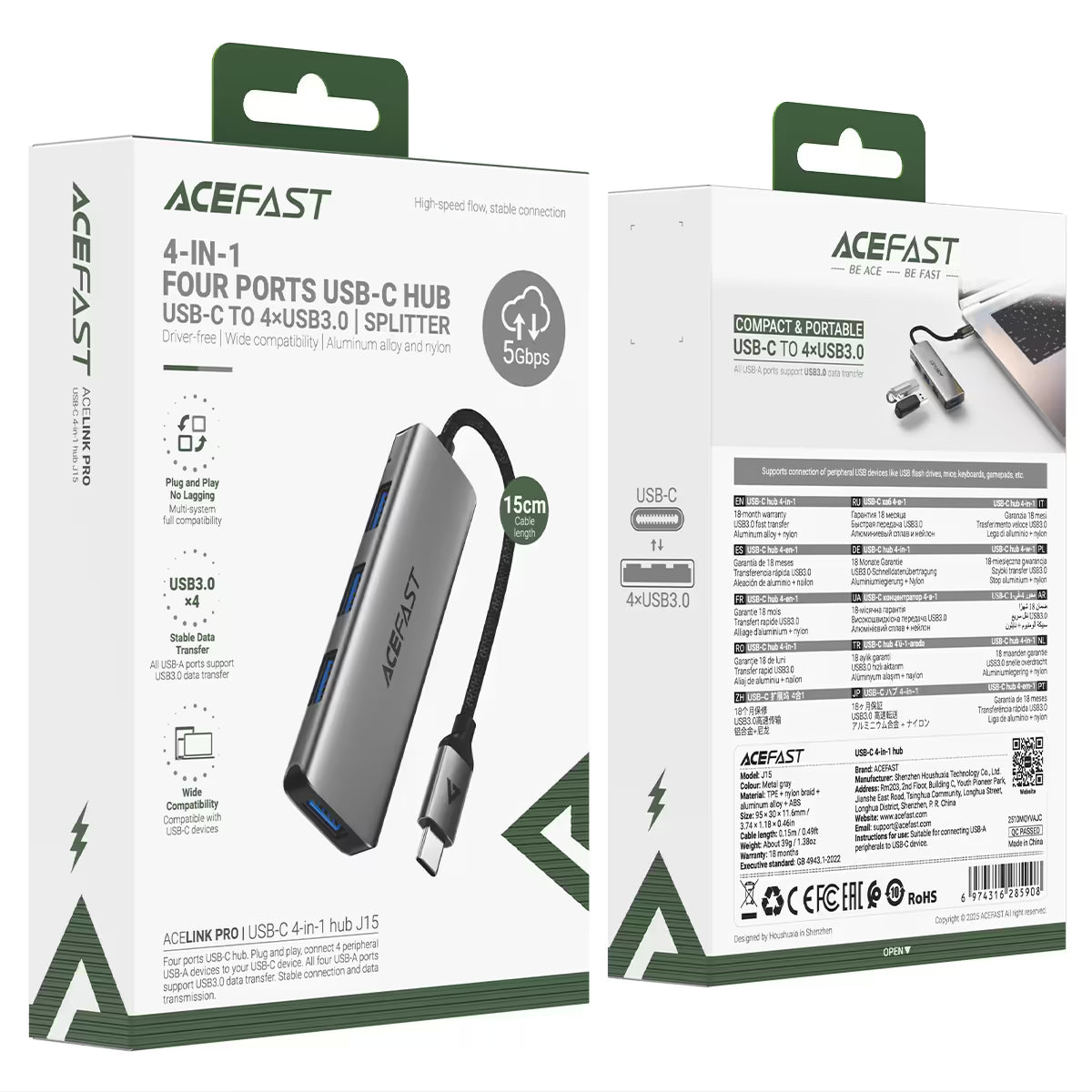 Acefast J15 4-In-1 USB-C Hub Metal Grey