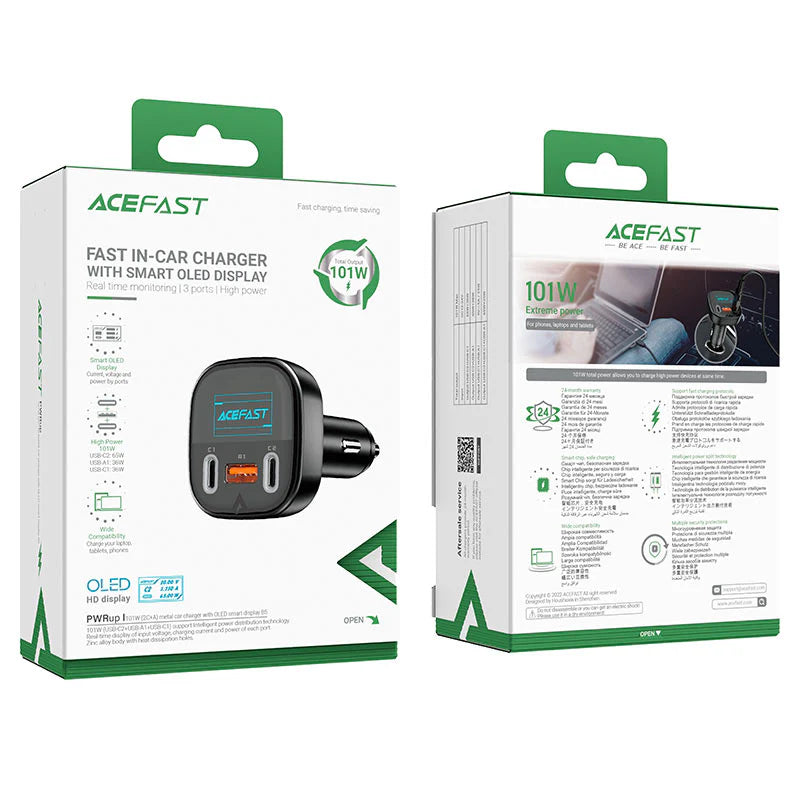 Acefast B5 101W Metal Car Charger with Oled Smart Display Black