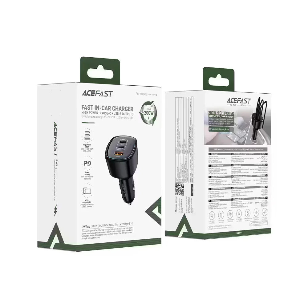 Acefast B18 200W 3-Port Fast Car Charger Black