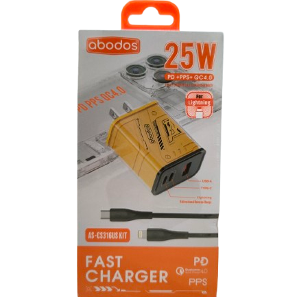 Abodos AS-CS316 25W PD PPS QC4 3-Port Adaptor with Lightning Cable Kit Yellow