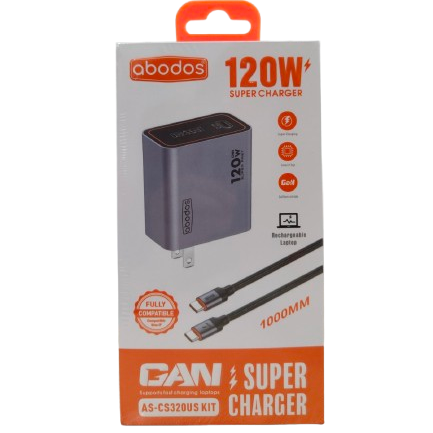 ABODOS AS-CS320 120W SUPER FAST CHARGE ADAPTOR WITH TYPE-C CABLE KIT GRAY