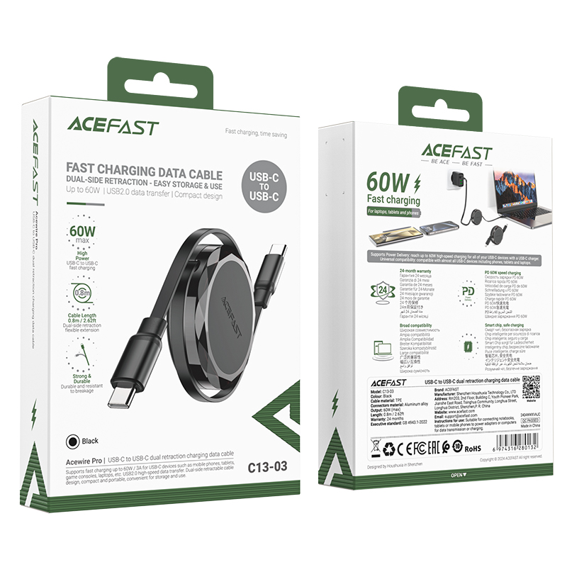 Acefast C13-03 USB-C to USB-C 60W Dual Retraction Cable Black