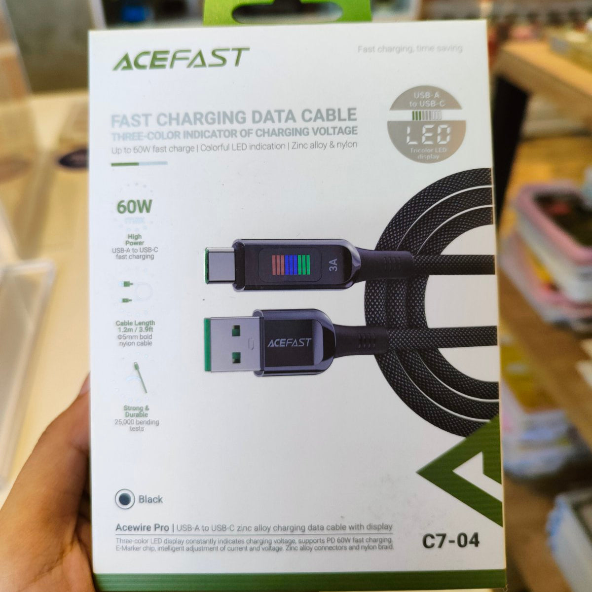 Acefast C7-04 USB-A to USB-C Zinc Alloy Charge Data Cable with Display (1.2M) Black