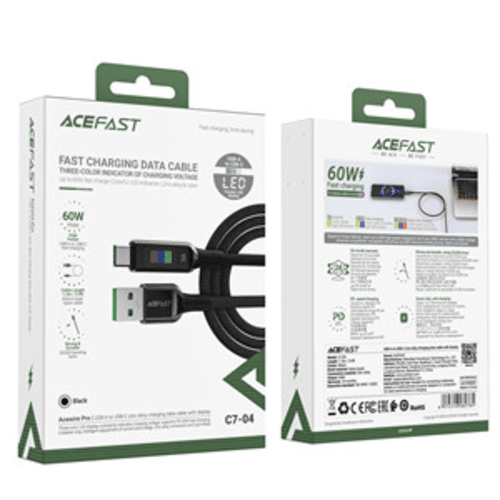 Acefast C7-04 USB-A to USB-C Zinc Alloy Charge Data Cable with Display (1.2M) Black