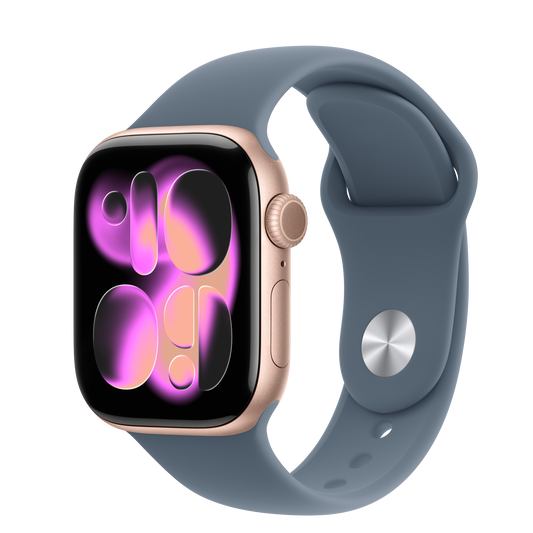 Apple Watch 11 42MM Rose Gold Aluminum with Light Blue Sport Band S/M