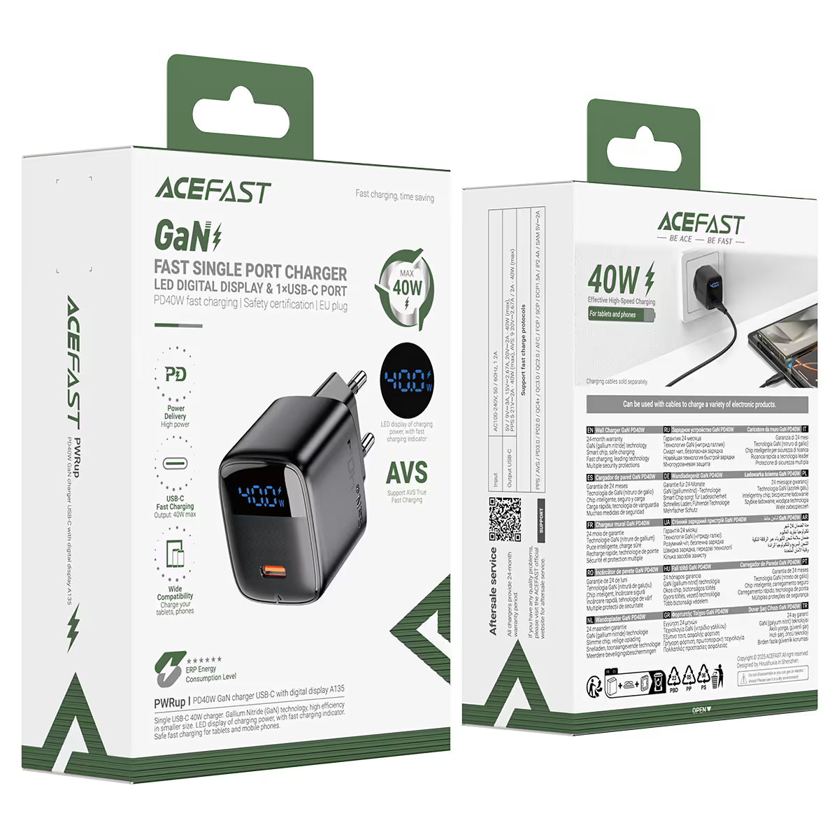 Acefast A135 PD40W GaN USB-C Charger with Digital Display Black