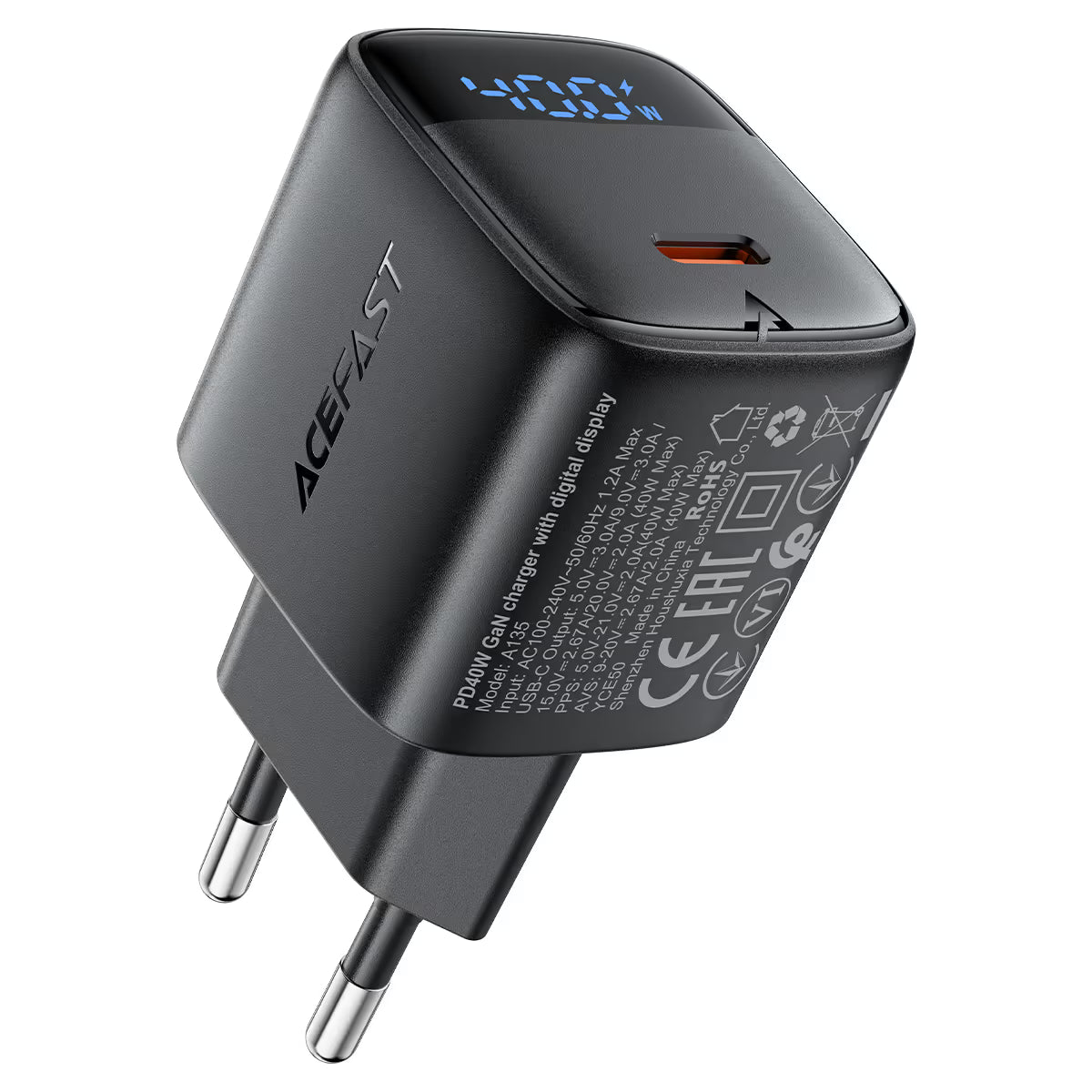 Acefast A135 PD40W GaN USB-C Charger with Digital Display Black