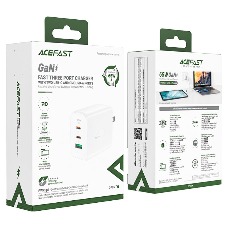 Acefast A43 PD 65W 3-Port GaN Charger white