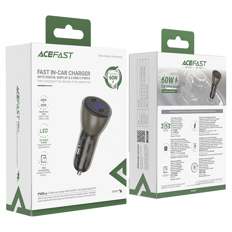 Acefast B10 60W Metal Car Charger with Digital Display Black