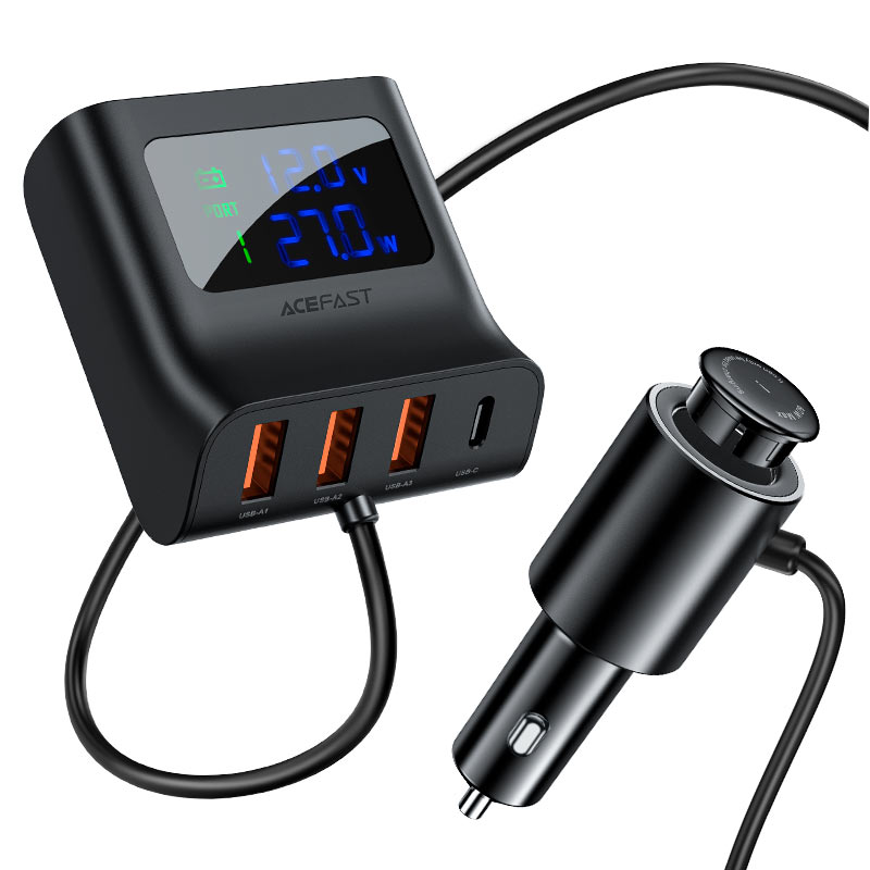 Acefast B8 90W 4 Port Car Hub with Digital Display Black