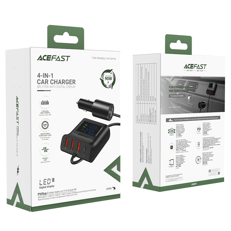 Acefast B8 90W 4 Port Car Hub with Digital Display Black