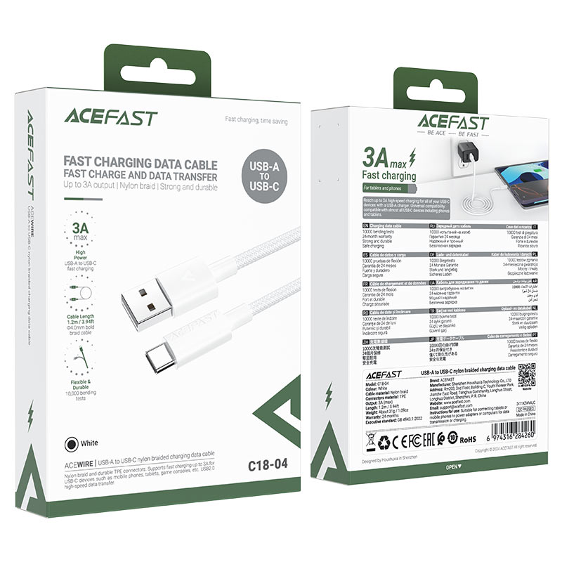 Acefast C18-04 USB-C to USB-A Cable (1.2M) White