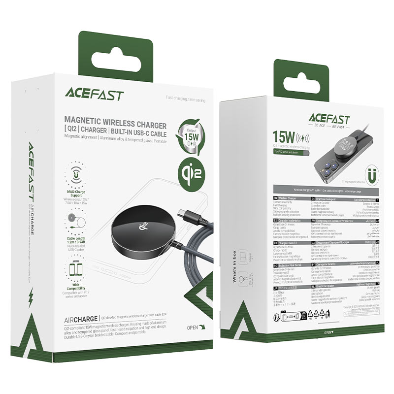Acefast E24 QI2 Desktop Magnetic Wireless Charger Cable (1.2M) Metal Grey