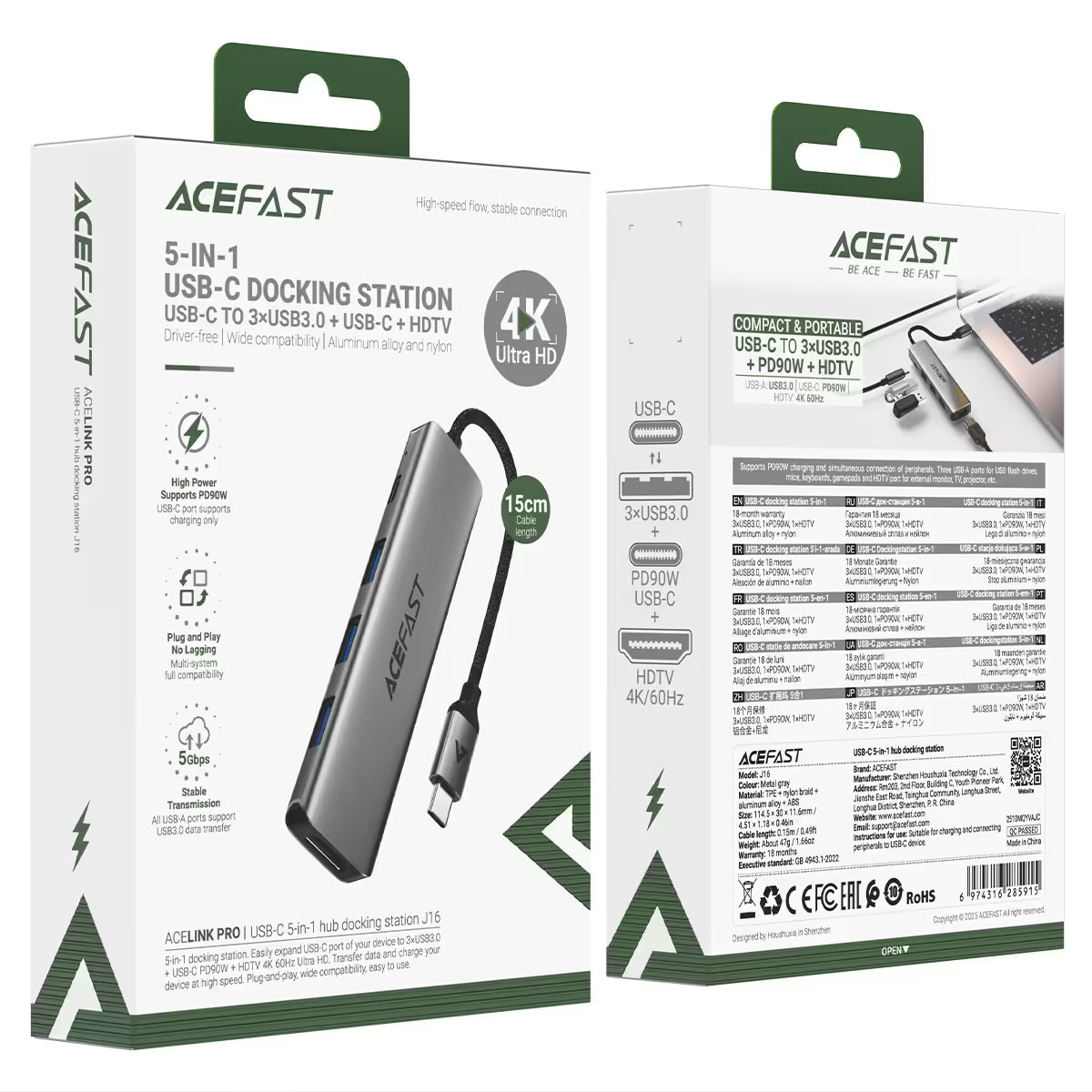 Acefast J16 5-In-1 USB-C Hub Metal Grey