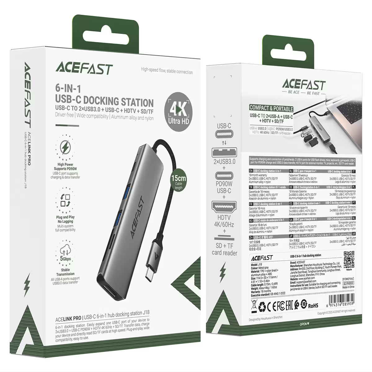 Acefast J18 6-In-1 USB-C Hub Metal Grey