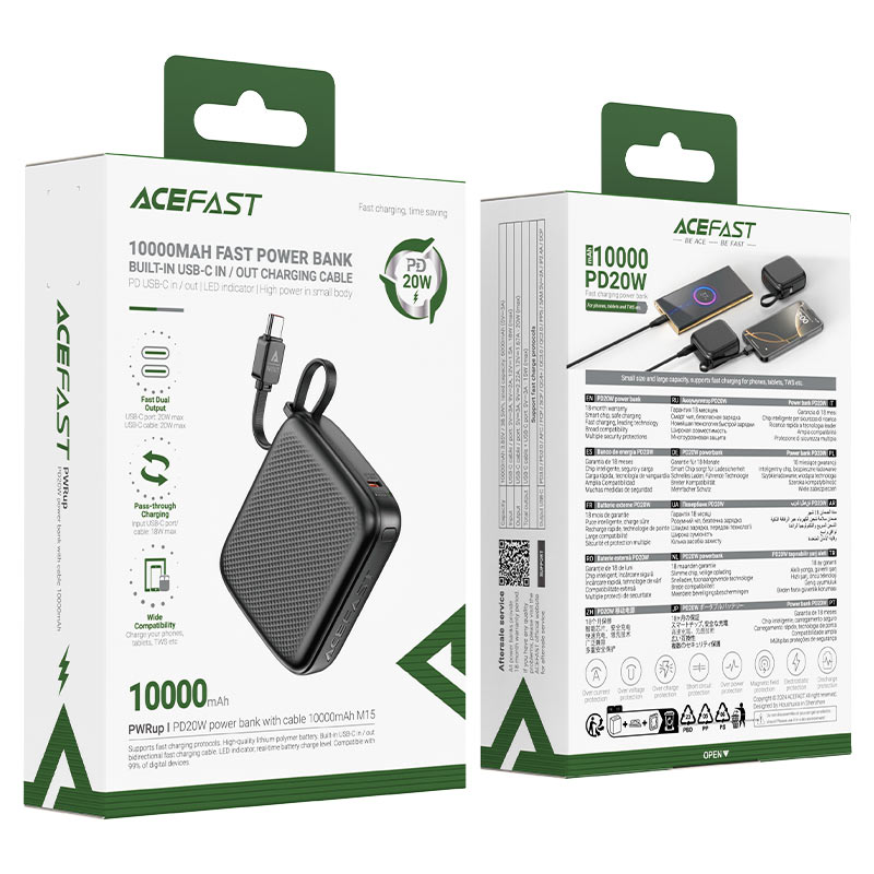 Acefast M15 10000 PD 20W Powerbank with Built-in Cable Black
