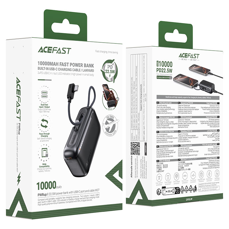 Acefast M27 22.5W 10000 mAh Powerbank with USB-C Port and Cable Metal Gray