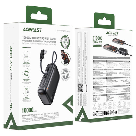 Acefast M27 22.5W 10000 mAh Powerbank with USB-C Port and Cable Metal Gray