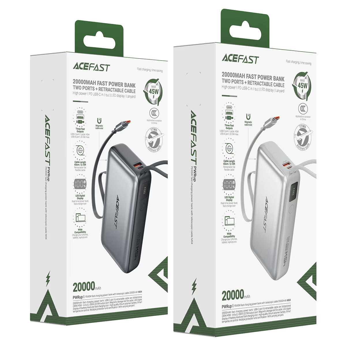 Acefast M34 PD45W 20000 mAh Powerbank with Built-in-Cable
