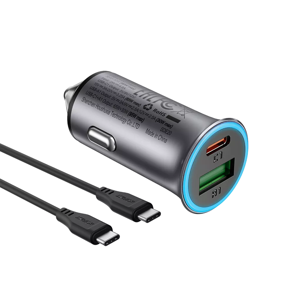 Acefast b16 95w dual port metal car charger with usb-c cable set metal grey