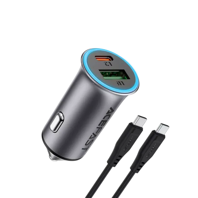 Acefast b16 95w dual port metal car charger with usb-c cable set metal grey