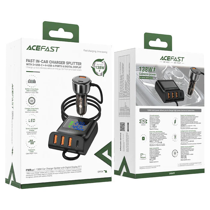 Acefast B11 138W Car Charger Splitter with Digital Display Black