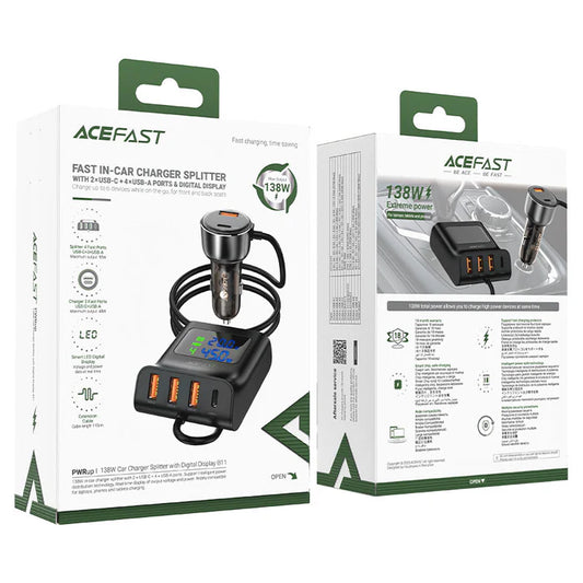 Acefast B11 138W Car Charger Splitter with Digital Display Black