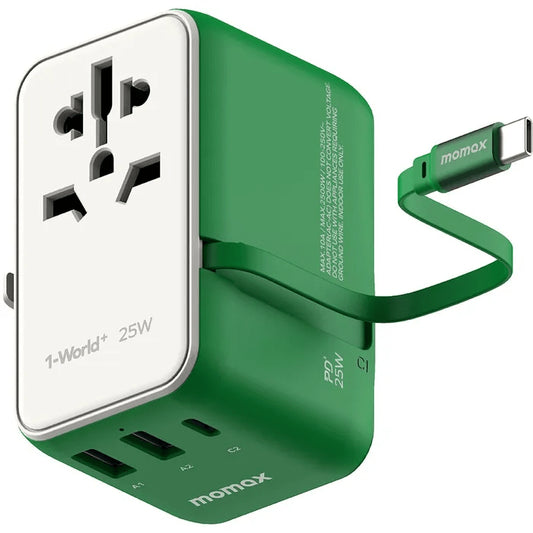 Momax 1-World Plus 25W AC Travel Adapter 3-Port with Built in 70CM Cable (UA20)